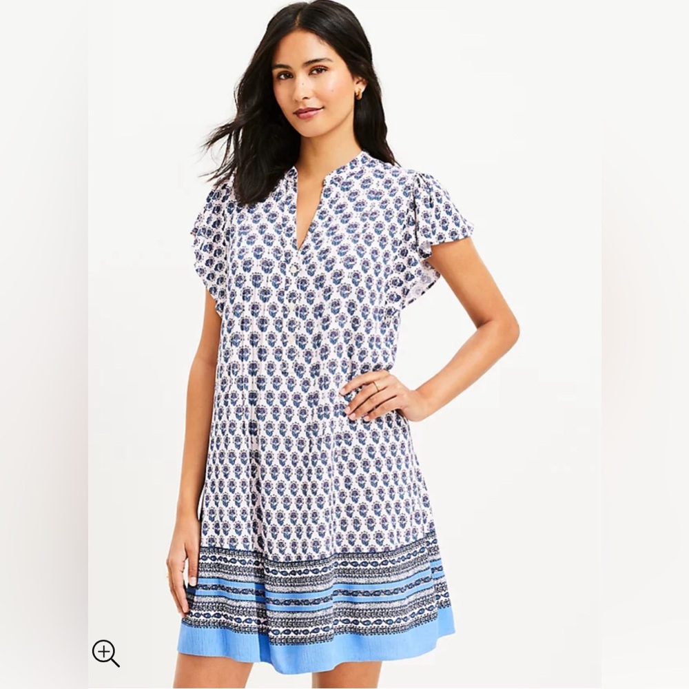 LOFT Border Floral Pleated Ruffle Sleeve Swing Dress